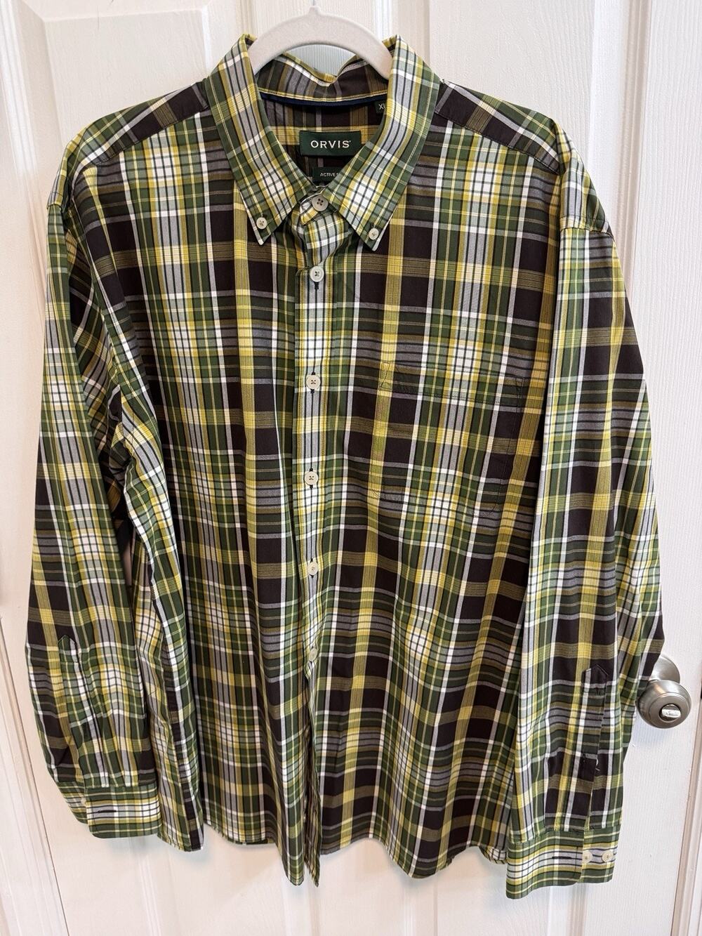 Orvis Men’s XL Active Fit Button Shirt Green Yellow Plaid Long Sleeve